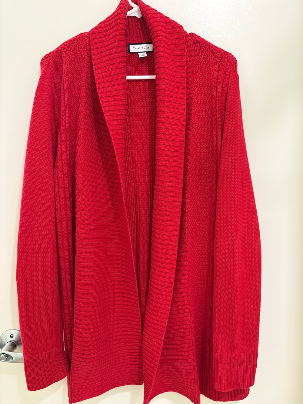 Charter Club Red Mixed Knit Open Front Shawl Collar Cardigan L